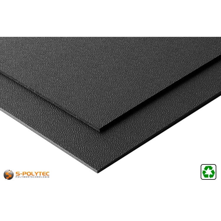 Black HDPE sheet made of recycled material cut to size with medium grain on both sides 