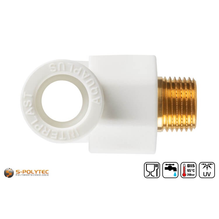 We offer the white PPR T-pieces in sizes DN20, DN25 or DN32 with branching male thread connection