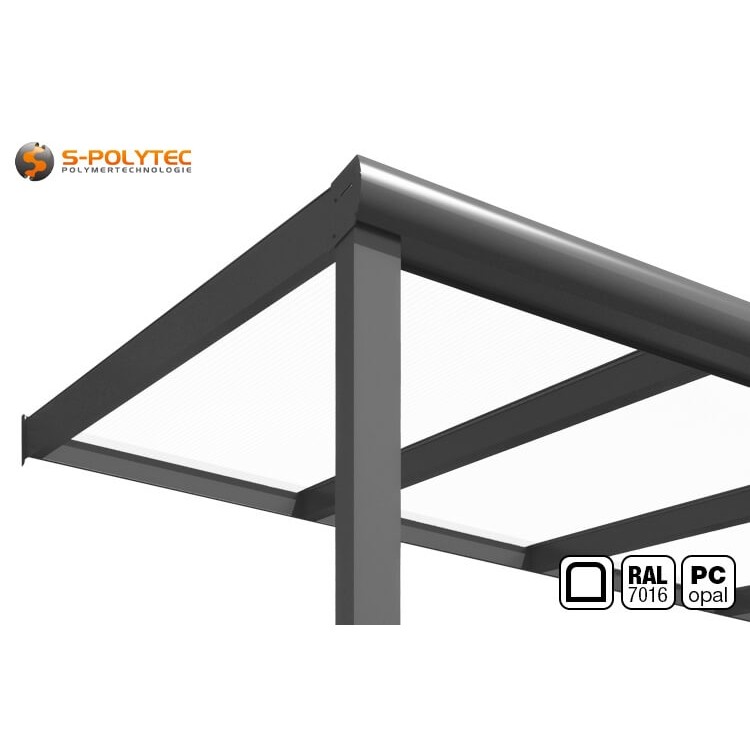 Terrace roofing in anthracite gray (RAL 7016) with rounded aluminum profiles and opal polycarbonate