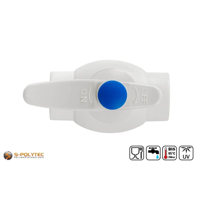 The ball valve for fixed welding connection in white with full bore for loss-free flow.	