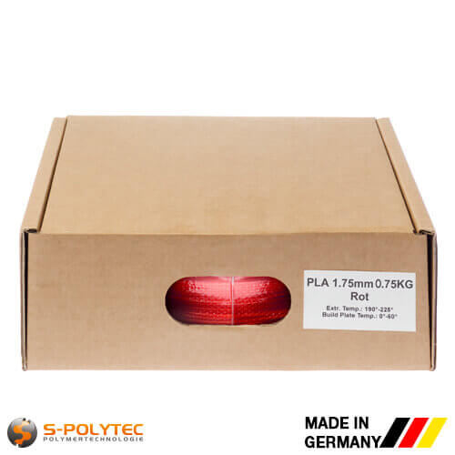 PLA filament red (nearly RAL3028, Pure red) in high quality vacuum-packed in common diameters as 0.75kg coil