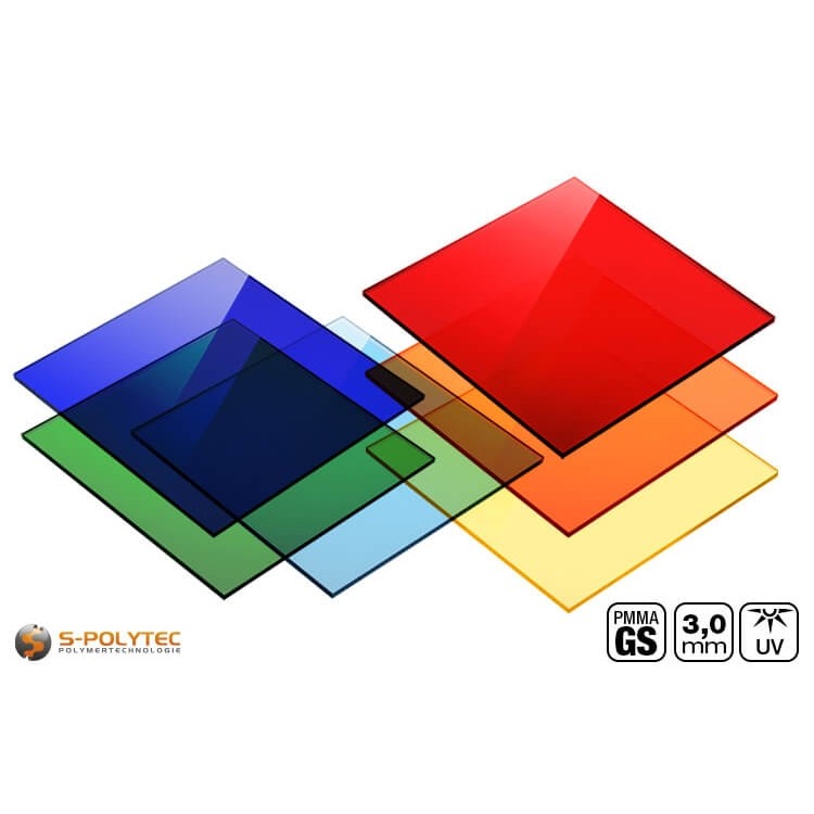 Acrylic glass GS coloured tinted in many colours in millimetre-precise cutting already from 30mmx30mm