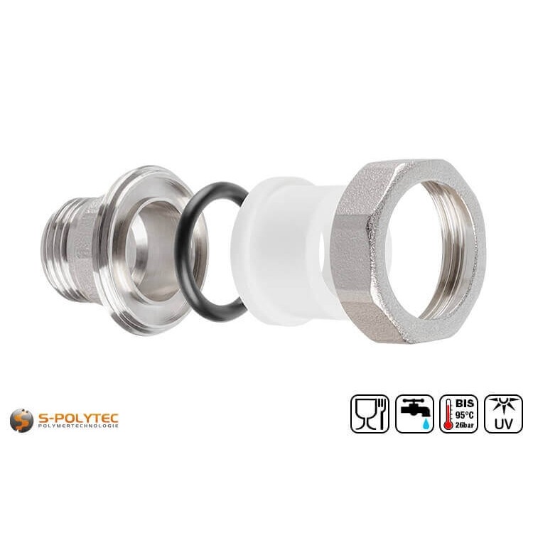 We offer the white PPR screw couplings in the sizes DN20, DN25, DN32 and DN40 as well as with external threads from 1/2 inch to 1 1/4 inch