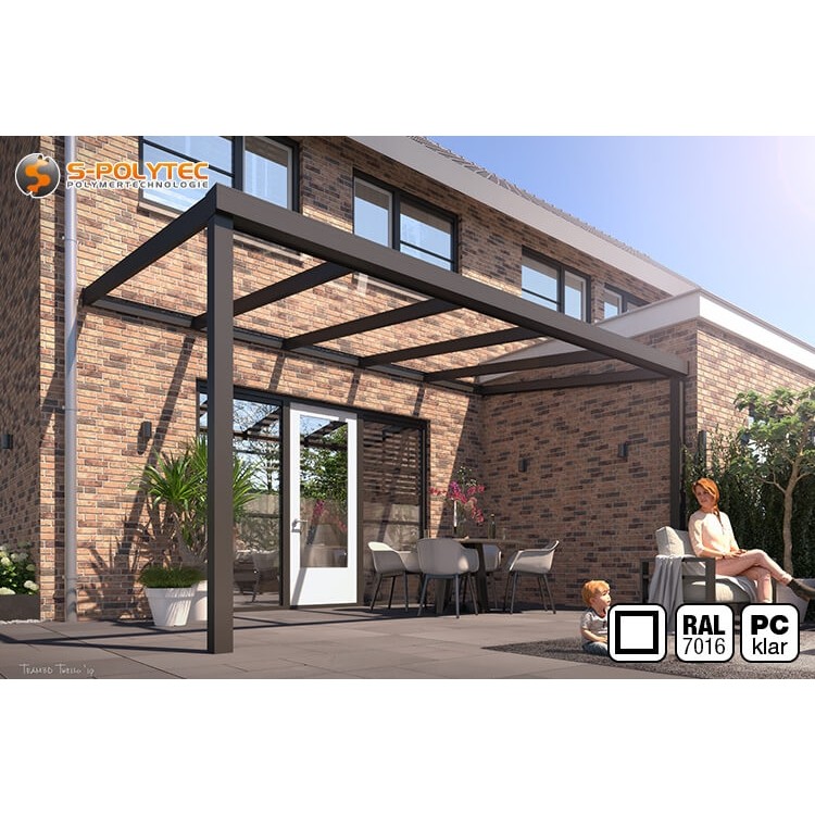 The square terrace roof made to measure in anthracite with transparent 16 mm double-skin polycarbonate sheet