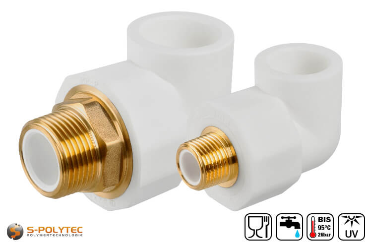 Aqua-Plus PP-R elbow coupling 90° in white for connecting PP-R pipes in various sizes with external thread made of brass.