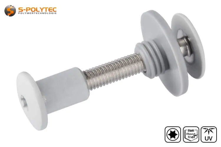 Balcony screw set with threaded sleeve in light grey (RAL 7035) in M5x25mm or M5x30mm made of stainless steel.