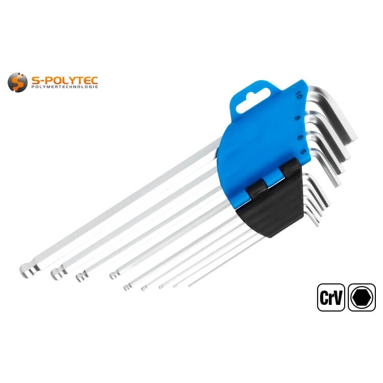 The compact tool holder with imprinted size information is hinged for easier removal of the hexagonal spanners