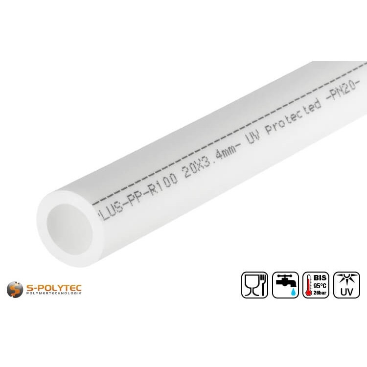 The Aqua-Plus pipe with an outer diameter of 20mm has a wall thickness of 3.4mm and an inner diameter of 13.2mm