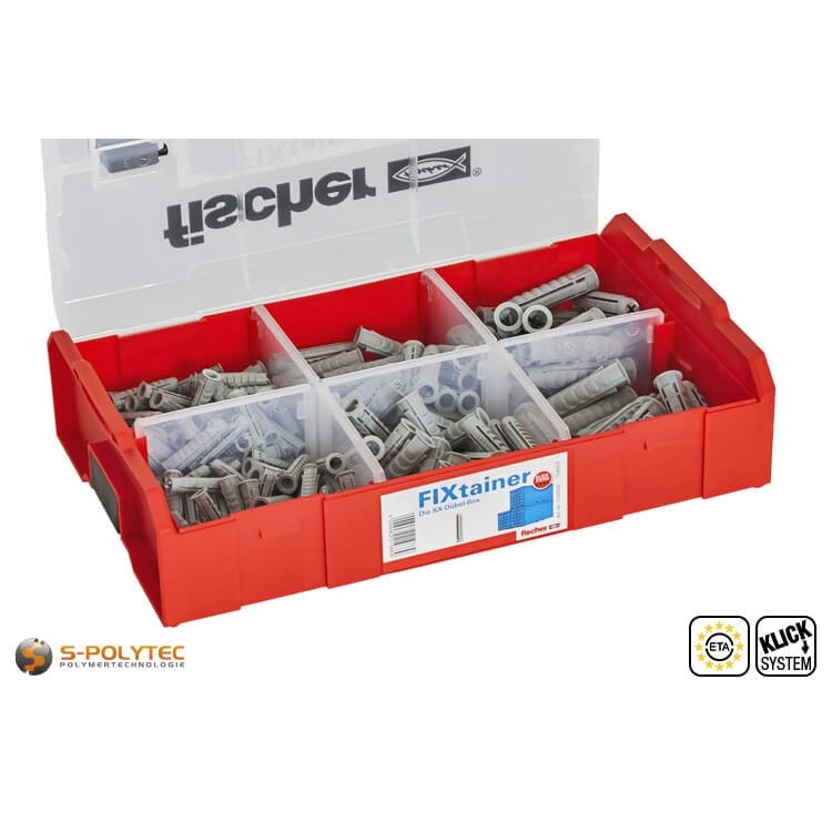The fischer FIXtainer SX contains 120 expansion anchors in 6x30mm, 60 anchors in 8x40mm and 30 anchors in 10x50mm