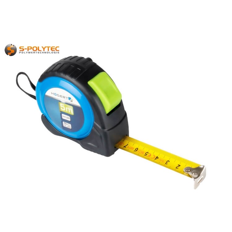 5 metre tape measure with automatic tape return and locking system suitable for one-handed operation