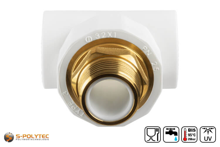 Aqua-Plus PP-R T-piece for PP-R pipes in white in various sizes with branching external thread made of brass