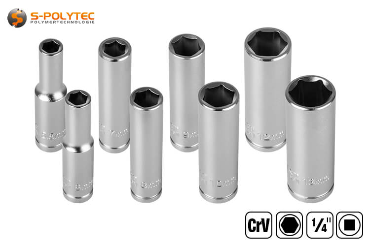 The socket set with 1/4 inch drive contains sockets in the sizes 5.5mm, 6mm, 7mm, 8mm, 9mm, 10mm, 12mm and 13mm