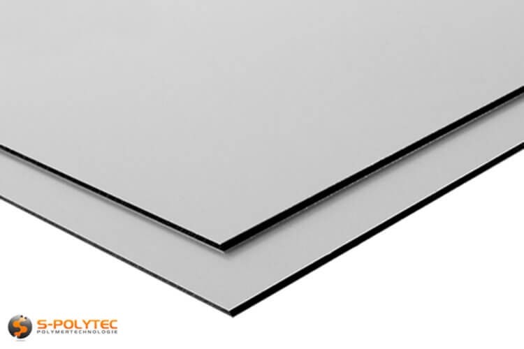 Aluminium composite panels (Alu-dibond) in silver in custom cut - detailed view