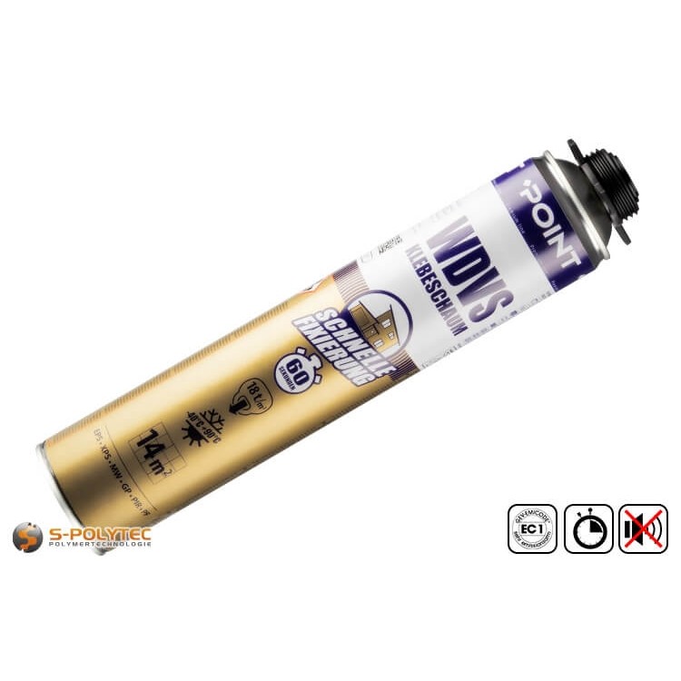 The PU adhesive foam with a fixing time of approx. 60 seconds adheres to almost all common building materials.