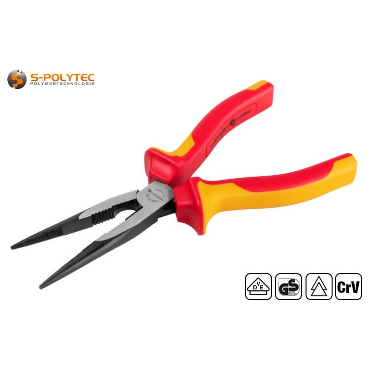 VDE needle-nosed pliers with tapered tips according to DIN 5745 are made of chrome-vanadium steel