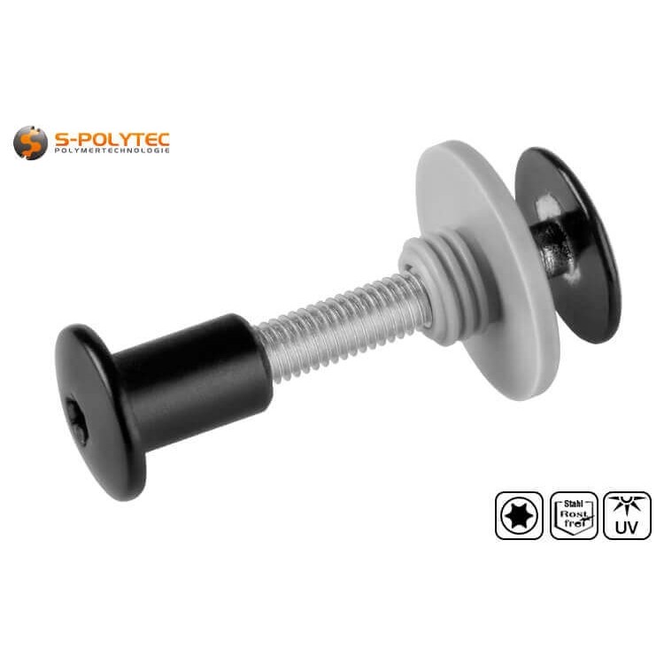 Balcony screw set with threaded sleeve in deep black (RAL 9005) in M5x25mm or M5x30mm made of A2 stainless steel.