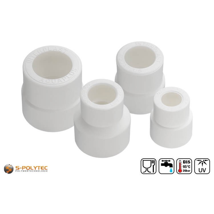 We offer the white PPR reducing couplings for reducing the diameter of PPR pipes in the sizes 40mm, 32mm, 25mm and 20mm.