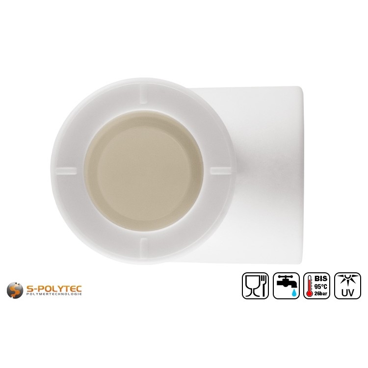 The Aqua-Plus PP-R elbow 90° DN20 in white is suitable for right-angled connection of PP-R pipes with 20mm outer diameter