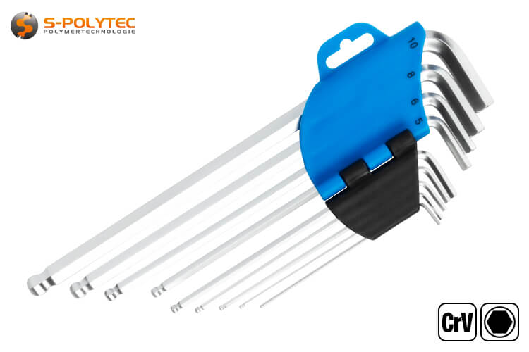 The compact tool holder with imprinted size information is hinged for easier removal of the hexagonal spanners