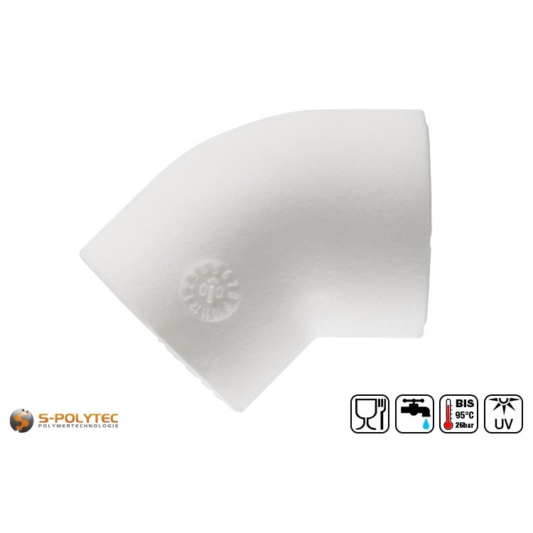 We offer the white PPR 45° elbow in sizes DN20, DN25, DN32 and DN40 for pipes with the same diameter