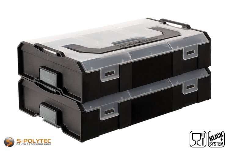 The unfilled L-BOXX Mini in black with transparent lid is stackable thanks to the integrated click system
