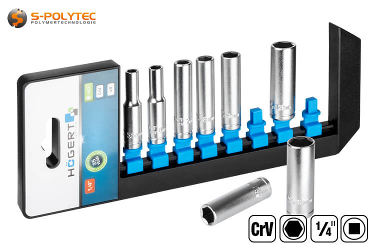High-quality hexagon socket set with 8 sockets made of chrome vanadium steel in 50mm long version.