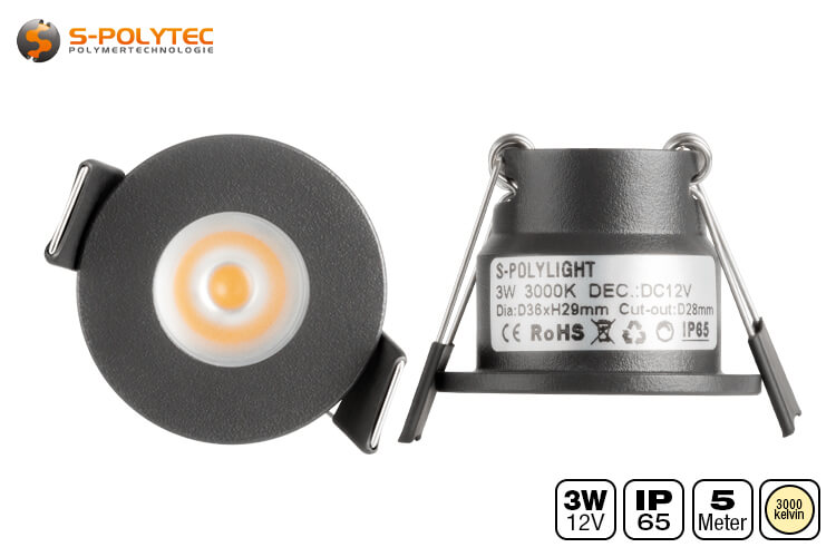 The anthracite grey Ø36mm spots have an installation diameter of 28mm and a depth of just 29mm