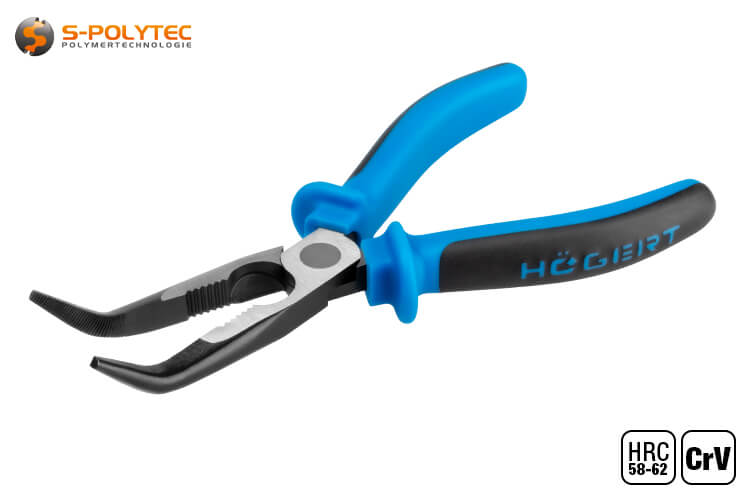 The curved needle nose pliers with tapered tip have an arc angle of approx. 40 degrees