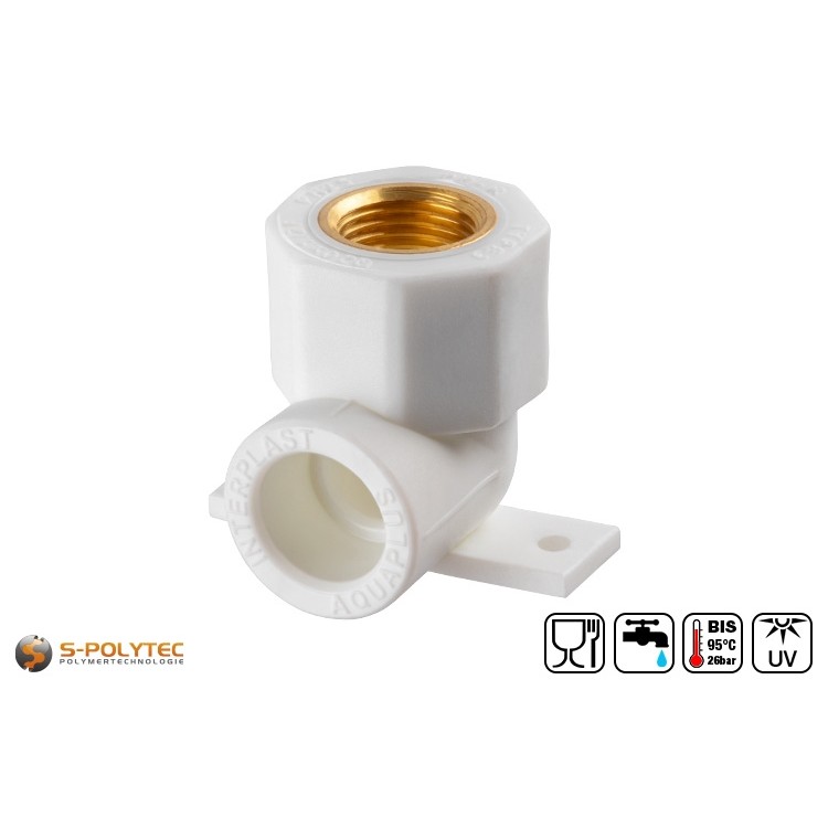 Aqua-Plus PP-R wall connection bracket in white with 1/2 inch internal brass thread	