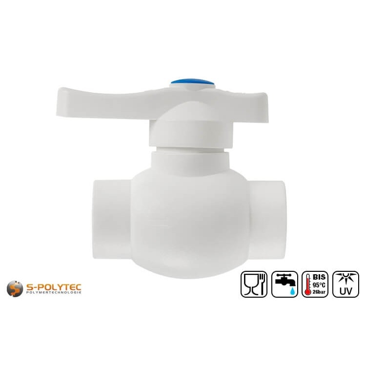 The Aqua-Plus PP-R ball valve for fixed welding connection in white with full bore for loss-free flow.	