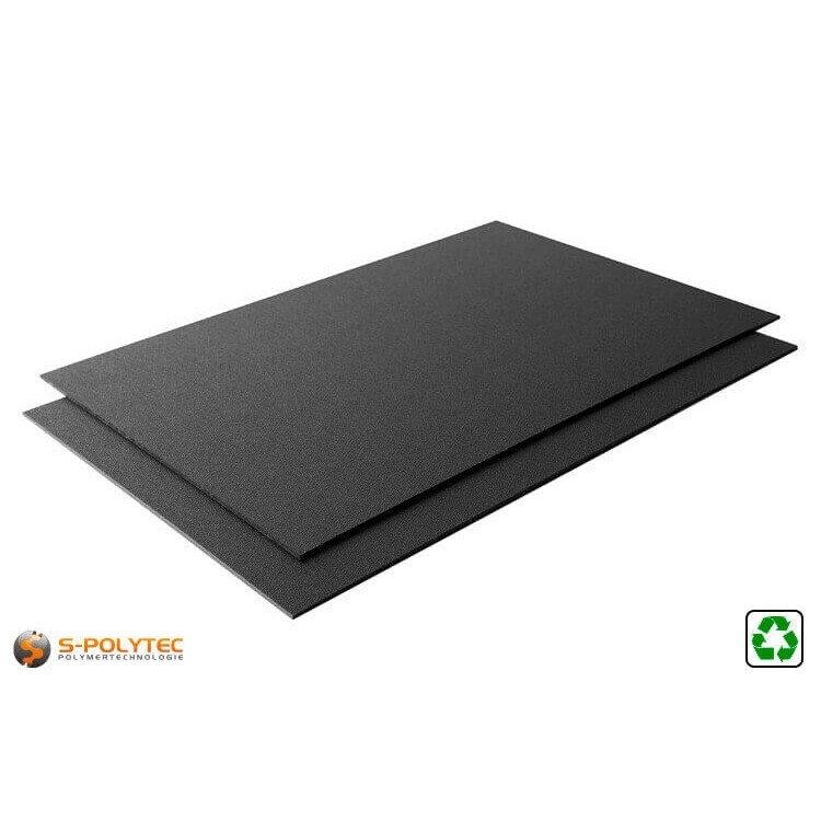Black HDPE sheet made from 100% recycled material in standard 2x1 metre format