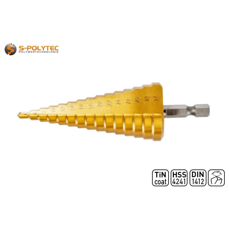 The HSS step drill made of steel has a titanium nitride coating for optimal durability and heat resistance