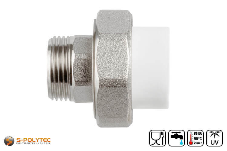 Aqua-Plus PP-R screw coupling in white for PP-R pipes in various sizes with male thread made of brass.