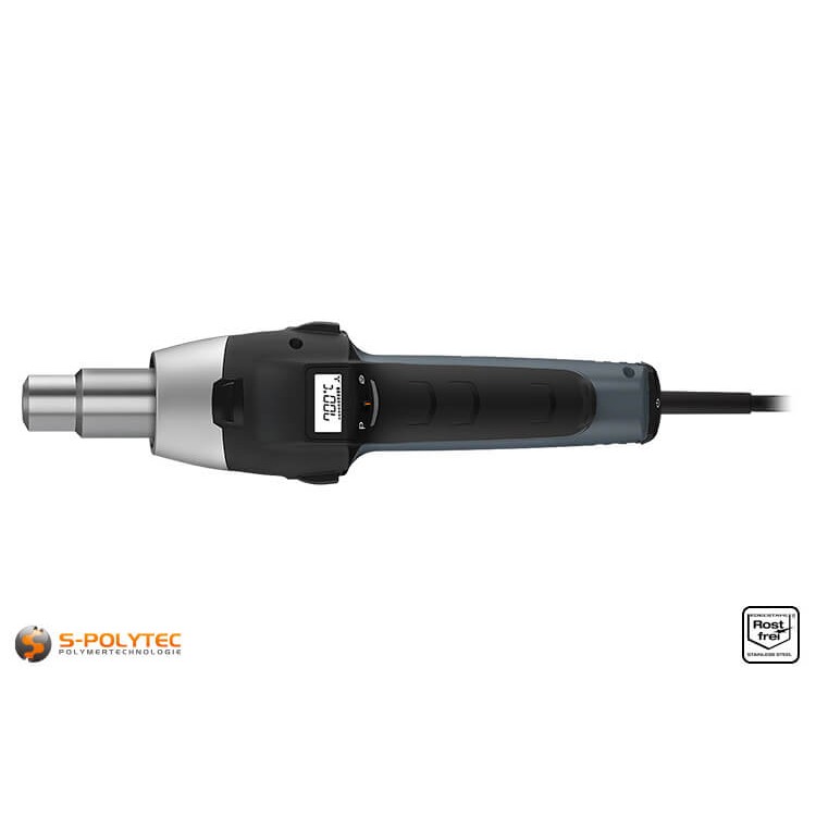 Hot-air welding unit for welding plastics with continuous temperature regulation