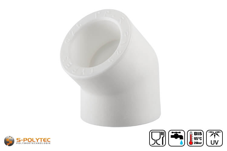 The Aqua-Plus PP-R elbow 45° DN20 in white is suitable for diagonally changing the direction of a PP-R pipe with an outer diameter of 20mm