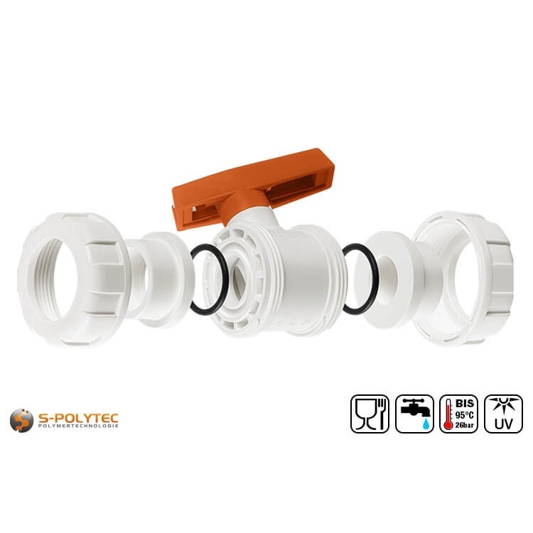 The Aqua-Plus PP-R ball valve with screw connection in white with full bore for low flow losses