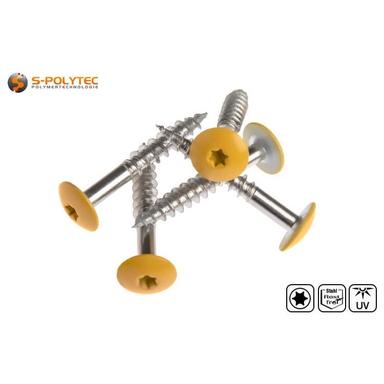 Facade screws according to DIN EN 14592 for Trespa&reg; Meteon&reg; FR HPL panels in Gold Yellow (A04.1.7) with Satin Finish	
