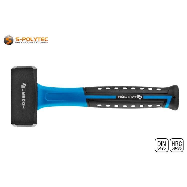 The typical head shape with two striking surfaces and the short handle are characteristic of a mallet