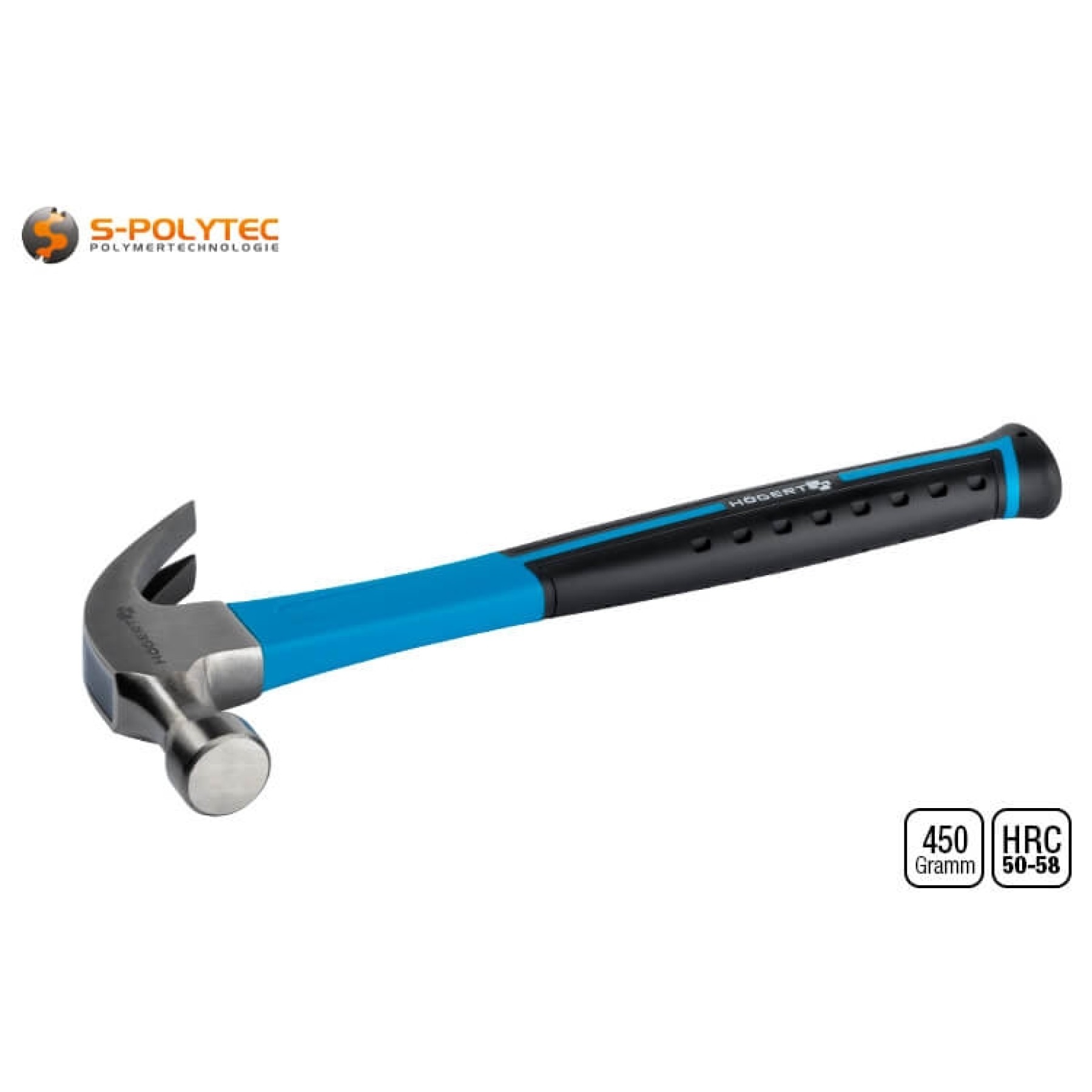 The claw hammer has a hammer head made of forged CS45 steel with a head weight of 450g