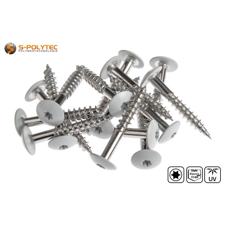 The light grey screws for HPL panels in Winter Grey are made of A4 stainless steel