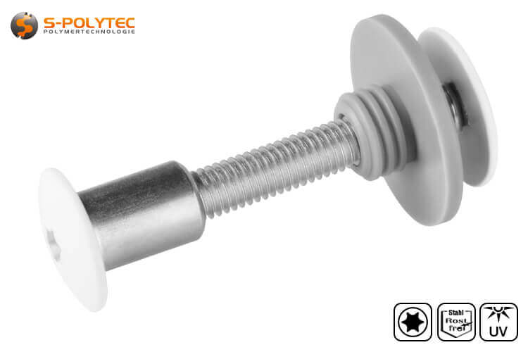 Balcony screw set with threaded sleeve in pure white (RAL 9010) in M5x20mm, M5x25mm or M5x30mm made of stainless steel.