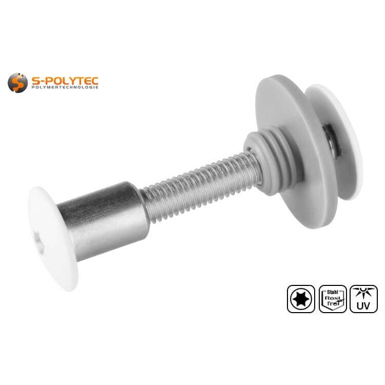 Balcony screw set with threaded sleeve in pure white (RAL 9010) in M5x20mm, M5x25mm or M5x30mm made of stainless steel.