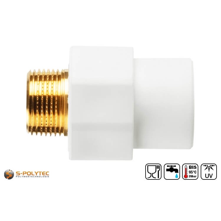 Aqua-Plus PP-R coupling for PP-R pipes for PP-R pipes in various sizes with external brass thread.