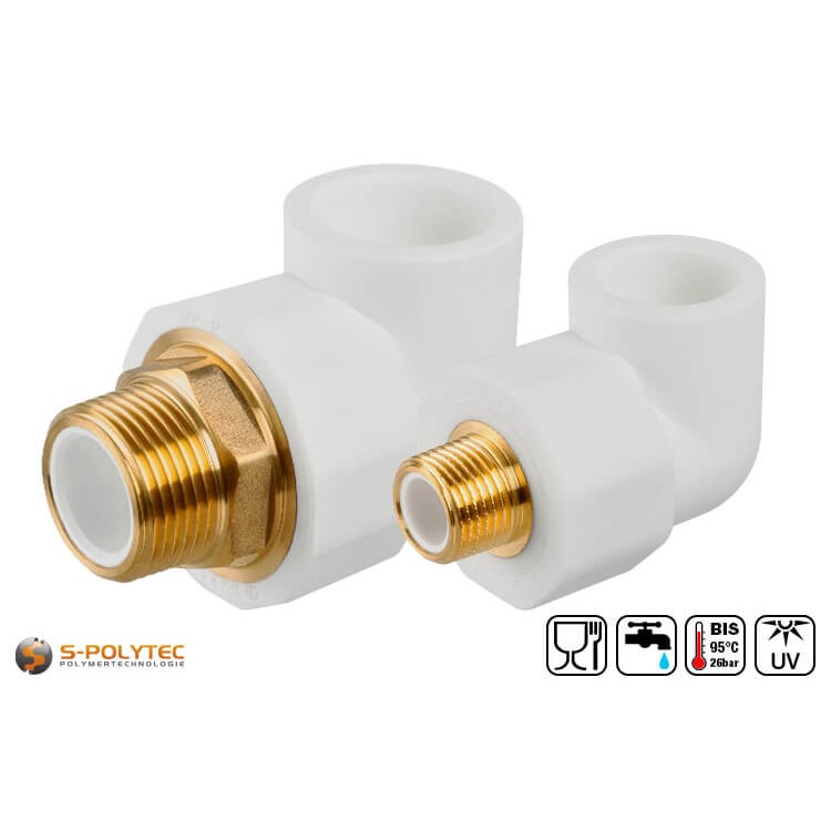 Aqua-Plus PP-R elbow coupling 90° in white for connecting PP-R pipes in various sizes with external thread made of brass.