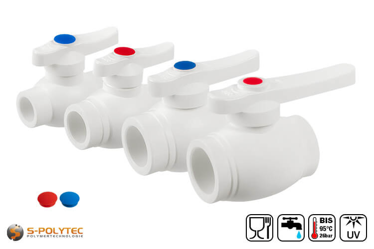 We offer the white PPR ball valves in sizes DN20, DN25, DN32 and DN32 for welding with PP-R pipes in constant diameter