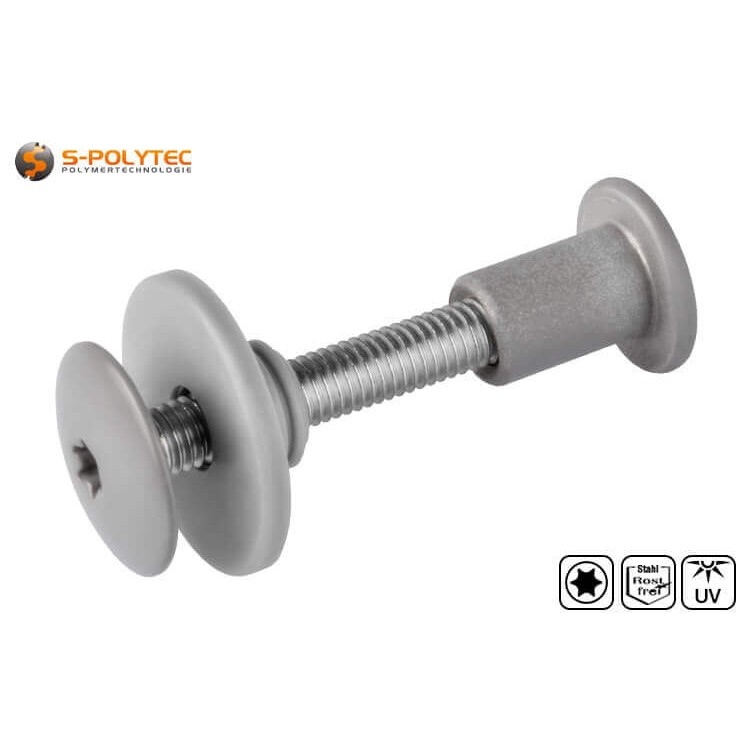 Balcony screw set with threaded sleeve in dusty grey (RAL 7037) in various sizes made of stainless steel.