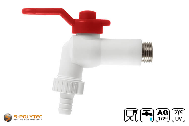 We offer the white PPR ball valve with male thread for all wall connections with 1/2-inch female thread
