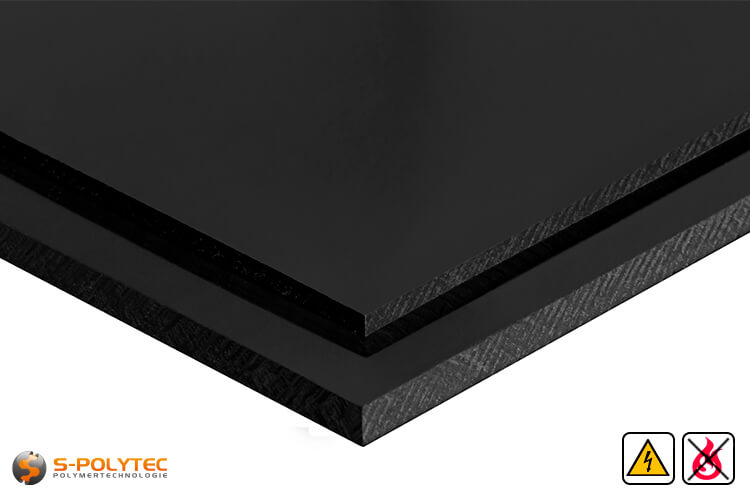 Electricalley conductive polypropylene sheets in black in  thicknesses from 10mm - 30mm as standard size sheets 2.0 x 1.0 meters - detailed view