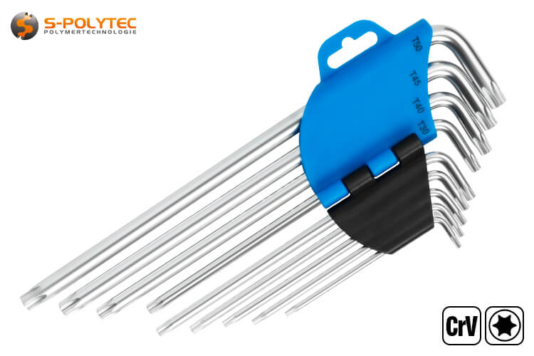 The hinged tool holder with printed size information allows easy removal of the Torx spanners
