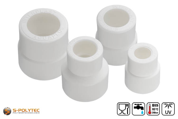 We offer the white PPR reducing couplings for reducing the diameter of PPR pipes in the sizes 40mm, 32mm, 25mm and 20mm.